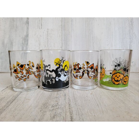 Mini glass set Halloween tea light candle holder spider web pumpkin - Picture 4 of 5